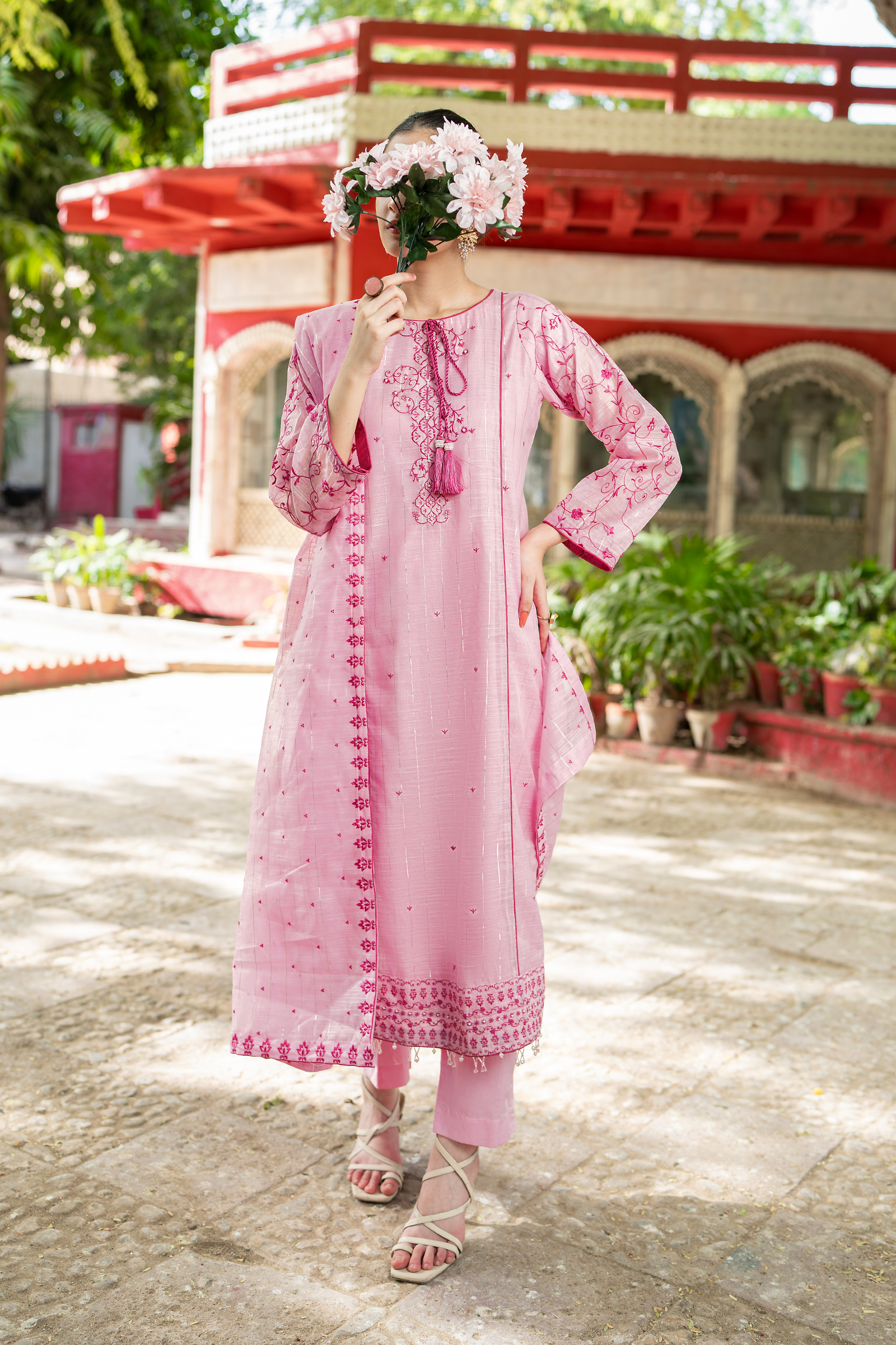 Rosalia Pink Metallic Organza Suit with Tone-on-Tone Embroidery