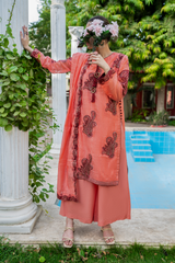 Petal Coral Metallic Organza Suit with Maroon Paisley Embroidery