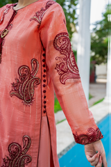 Coral Organza Sleeve with Maroon Paisley and Button Detail