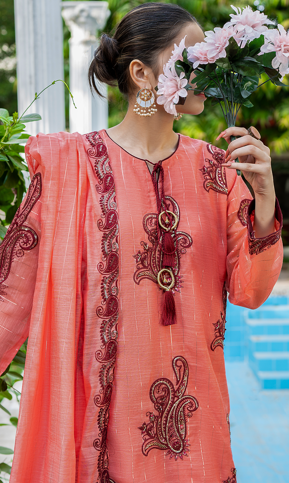 Hand Embellished Kora Kat Dana and Sequin Work on Coral Dress