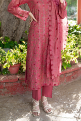 Close up of Metallic Organza Texture with Green Floral Thread Work