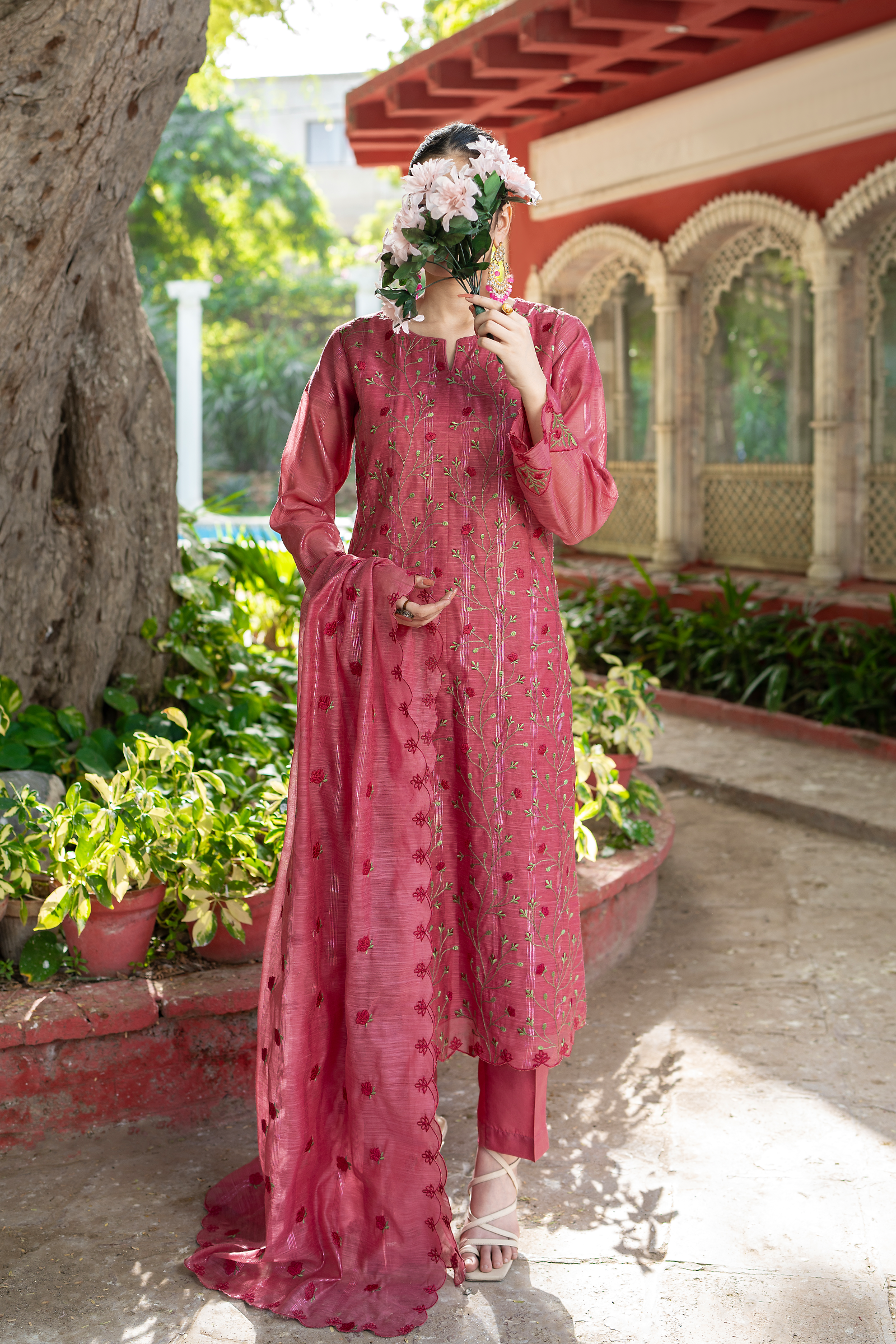 Malachite Rosewood Pink Metallic Organza Suit with Green Vine Embroidery