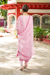Pink Organza Dupatta with Floral Border and Tassels