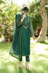 Alloy Deep Teal Metallic Organza Suit with Gold Filigree Embroidery