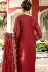 Maroon Organza Dupatta with Scalloped Cutwork Style Border