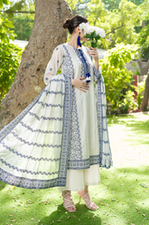 Pristine Ivory Organza Suit with Indigo Blue Embroidery