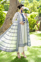 Pristine Ivory Organza Suit with Indigo Blue Embroidery
