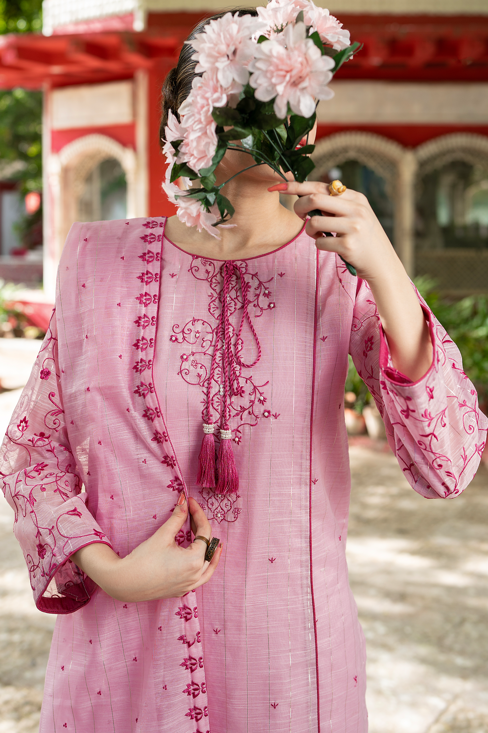 Handmade Dori and Crystal Cut Dana Work on Pink Organza Neckline