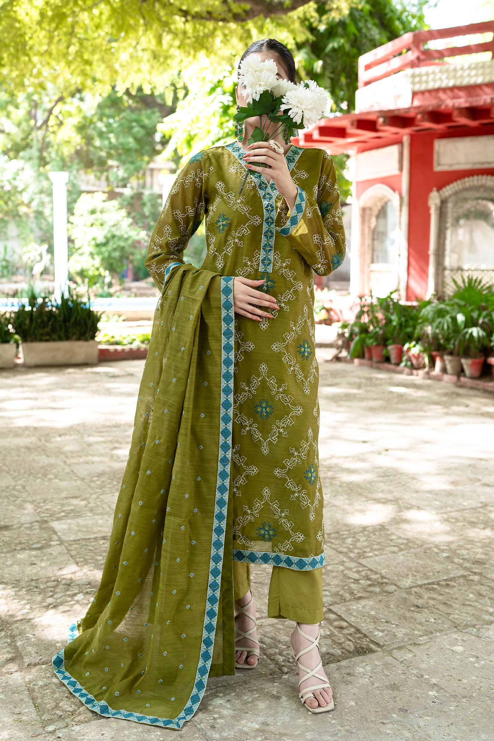 Heena Olive Green Organza Metallique Suit Front Hand Embellished