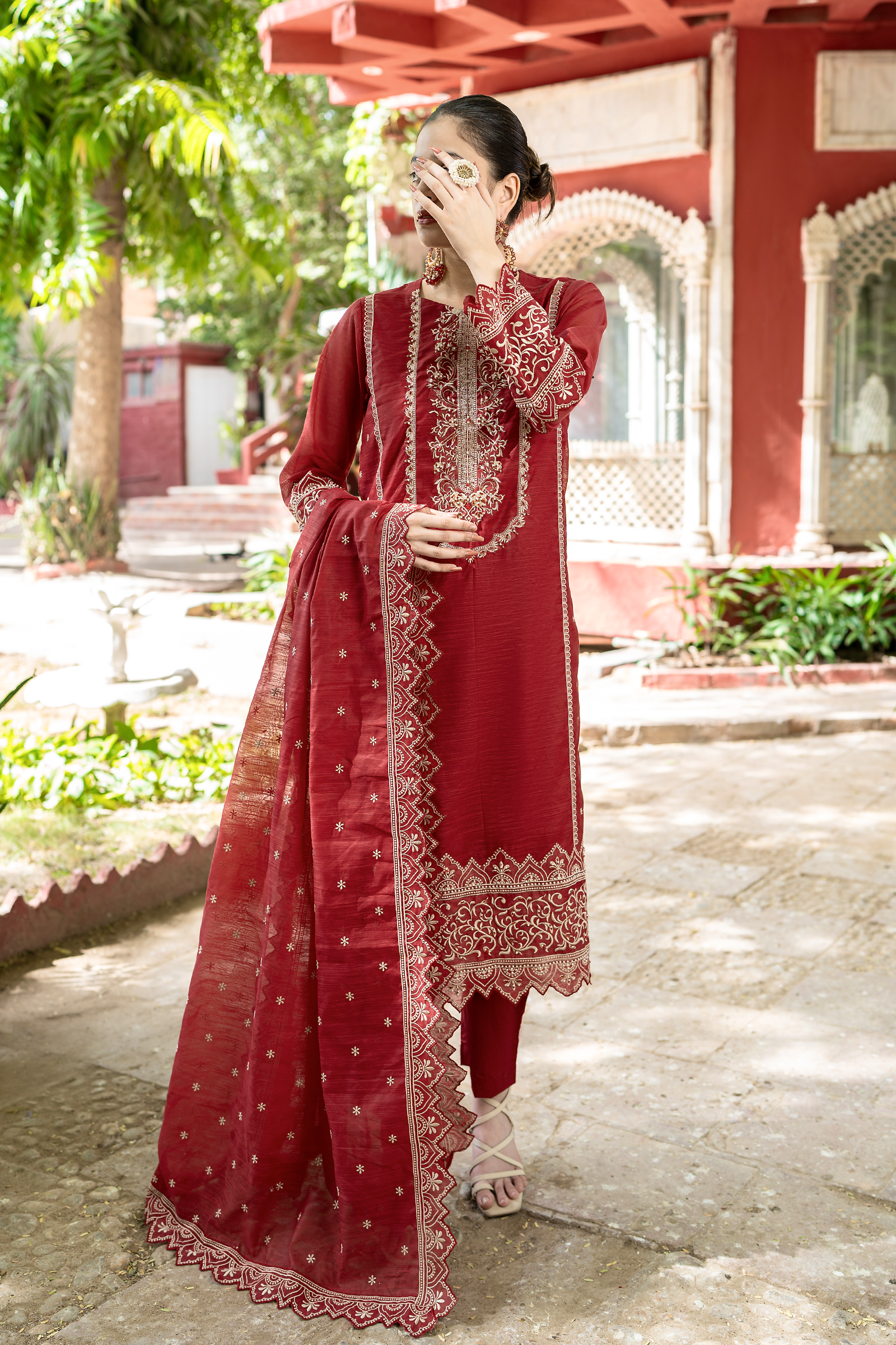 Ruby Maroon Metallic Organza Suit with Scalloped Gold Embroidery