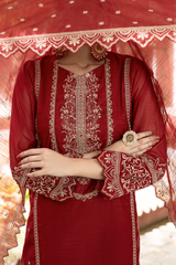 Hand Embellished Stone Crystal and Kat Dana Work on Maroon Organza Neckline