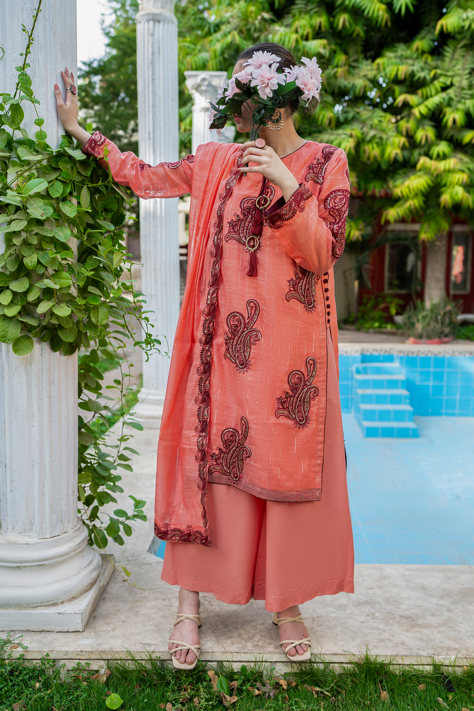 Petal Coral Metallic Organza Suit with Maroon Paisley Embroidery