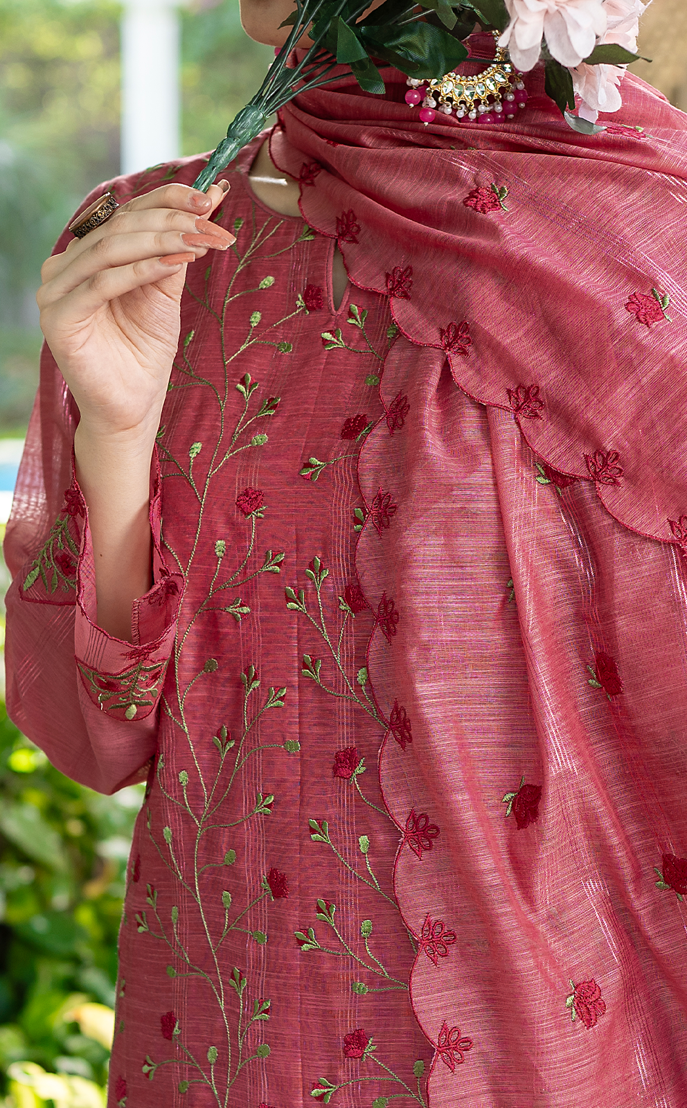Rosewood Organza Dupatta with Scalloped Green Embroidered Border
