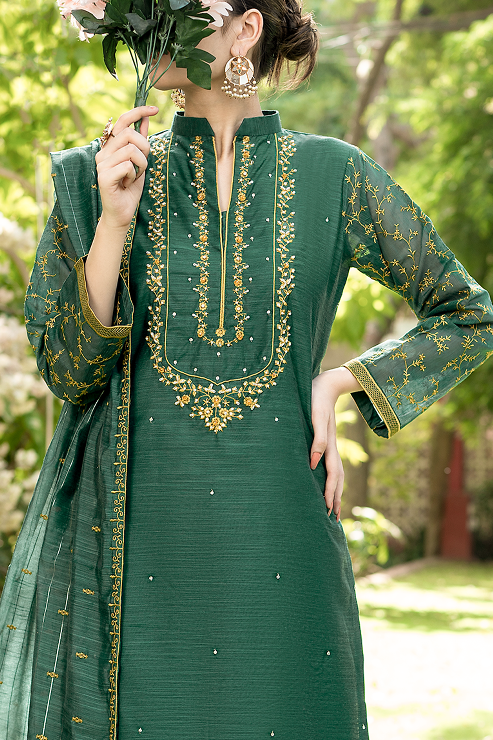 Heavy Stone Crystal and Pearl Hand Work on Teal Organza Neckline