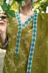 Close up of Hand Adda Work Crystals and Kut Dana on Olive Green Organza