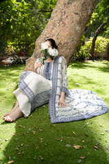 Ivory Organza Dupatta with Geometric Blue Block Style Border