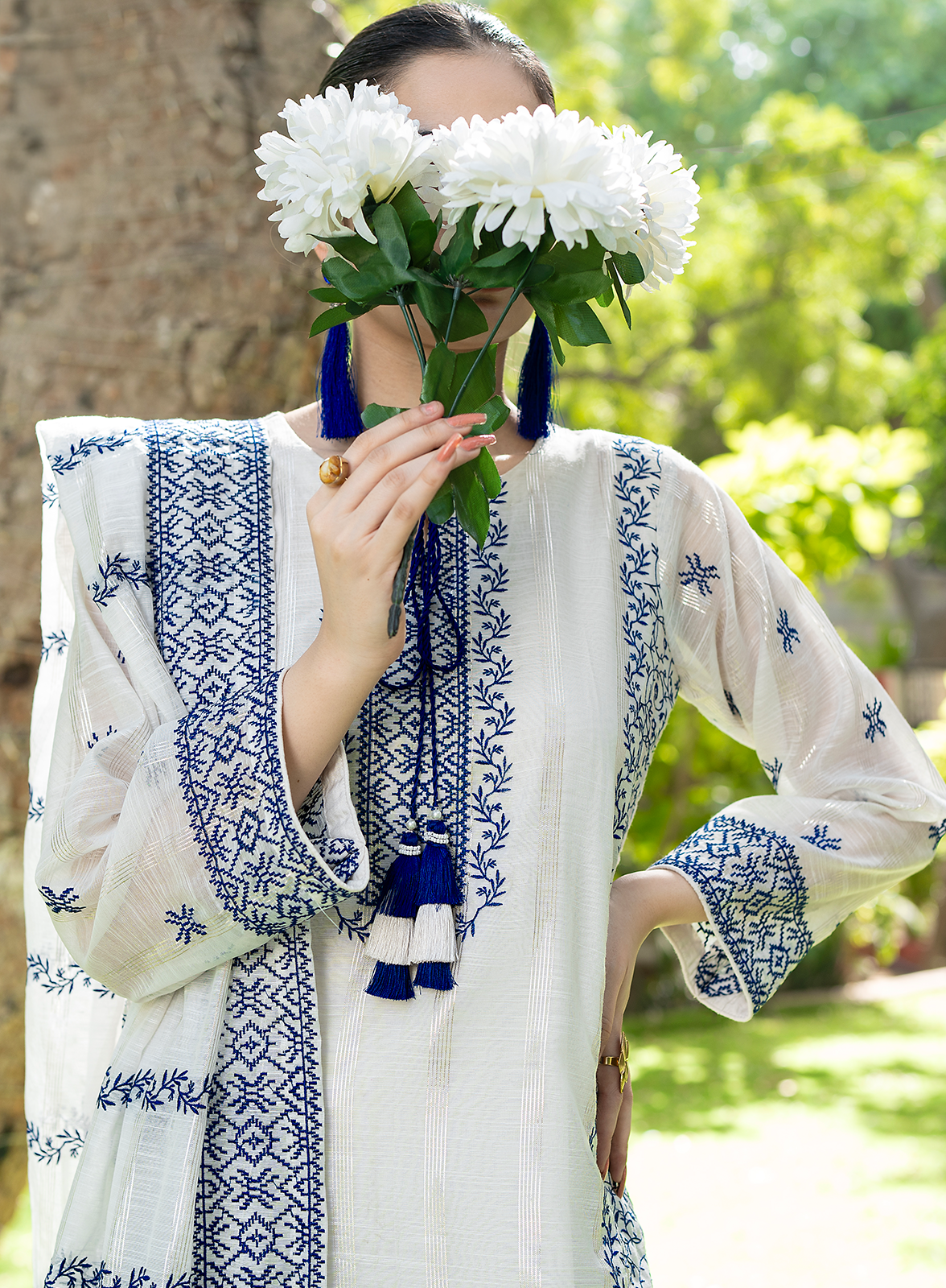 Handmade Blue and White Tassels on Ivory Organza Neckline