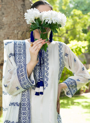 Handmade Blue and White Tassels on Ivory Organza Neckline